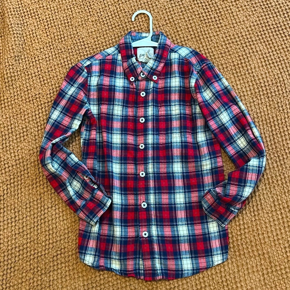 Peek Boys Button Down Plaid Shirt Blue Red White M 6-7